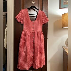 Not Perfect Linen Modified Midi Mama dress in Raspberry Grid, size M